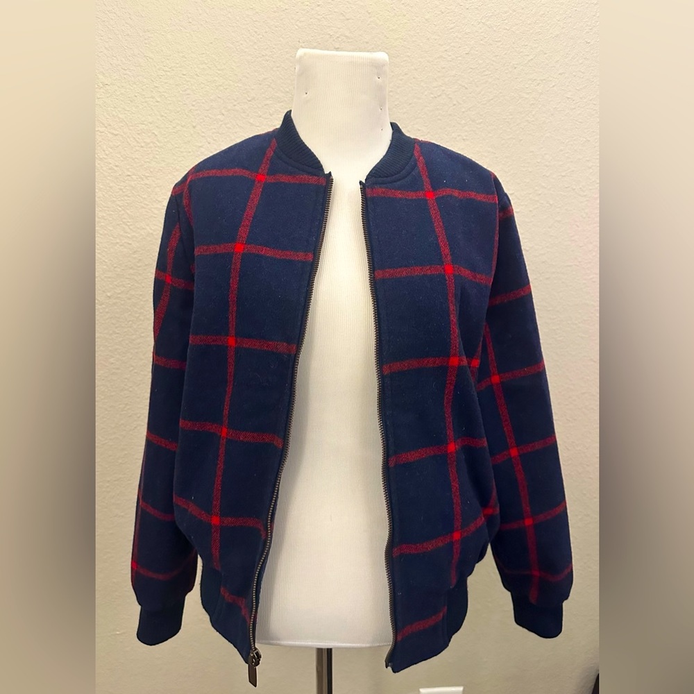 Old Navy Women’s Fleece Lined Blue Plaid Bomber Jacket, Size Small